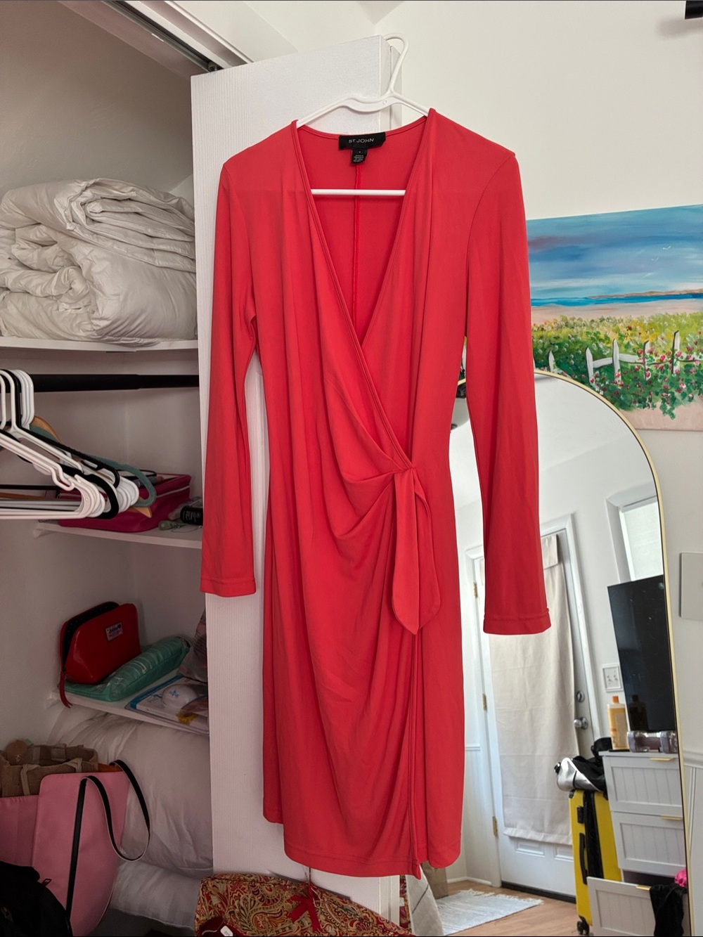 St. John Coral  Long Sleeve Draped Wrap Dress with Side Knot